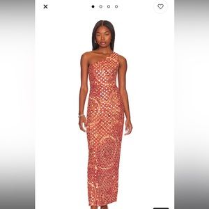 House of Harlow 1960 One-Shoulder Sequin Maxi Dress in Red and Gold
